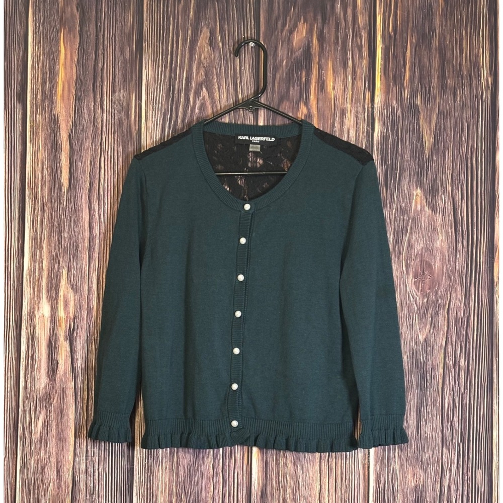 Karl Lagerfeld Paris Cardigan Sweater Womens L Teal Green Lace Back Button Up